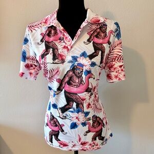 Women’s Fun Bigfoot Sasquatch Flamingo Floral Print Polo Golf Shirt